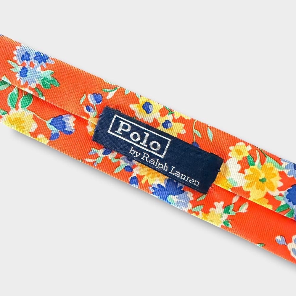 Polo Ralph Lauren Necktie Mens 58" Orange Floral Silk Hand Made Italy Ribbed